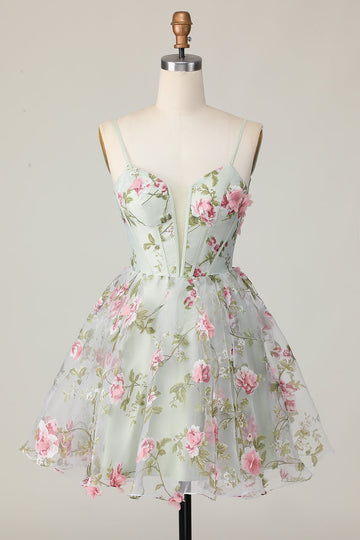 Sage Flower A-Line Korset Homecoming Kjole med Lace Up Tilbage
